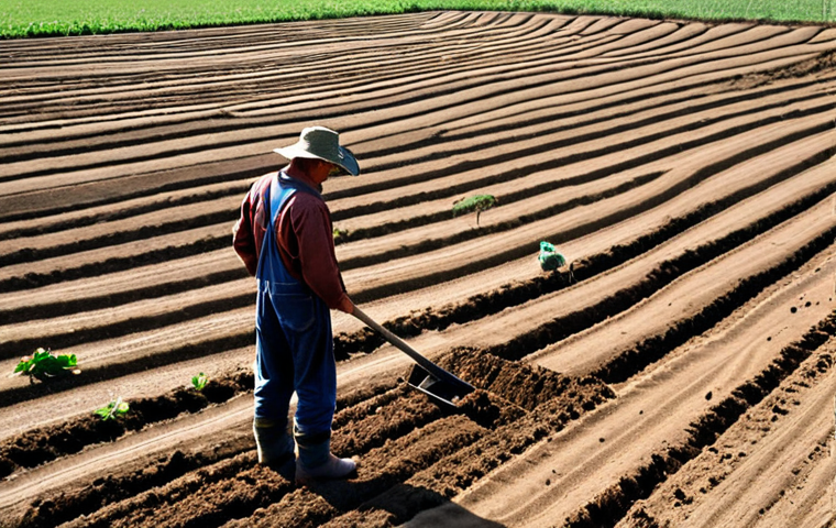 **

A farmer carefully collecting soil samples in a W-shaped pattern across a field. The farmer is using a soil sampler to gather soil from different depths. The scene should emphasize the importance of detailed and representative soil sampling.

**